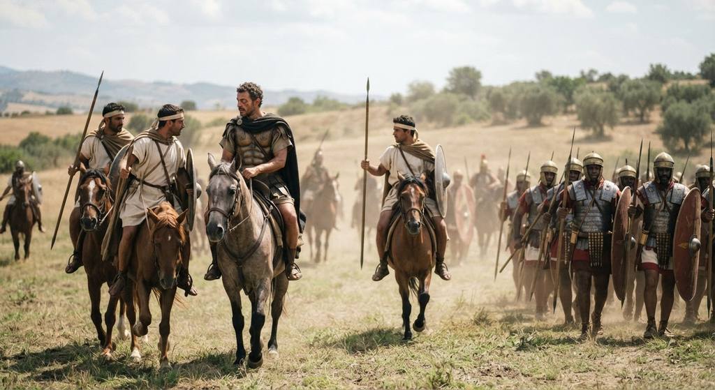 Numidian horsemen and armored African infantry march together across a vast, sunny plain.