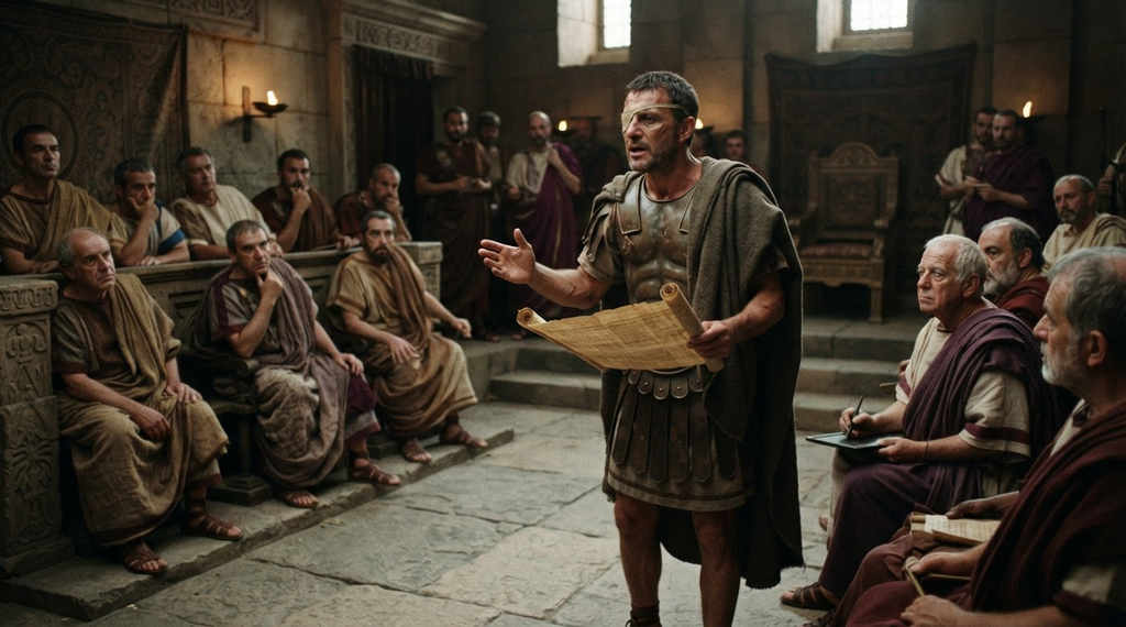 Hannibal stands in a council chamber holding financial scrolls and ledgers.