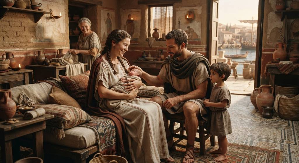 A family gathers joyfully around a newborn infant in a sunlit, ornate Carthaginian home.