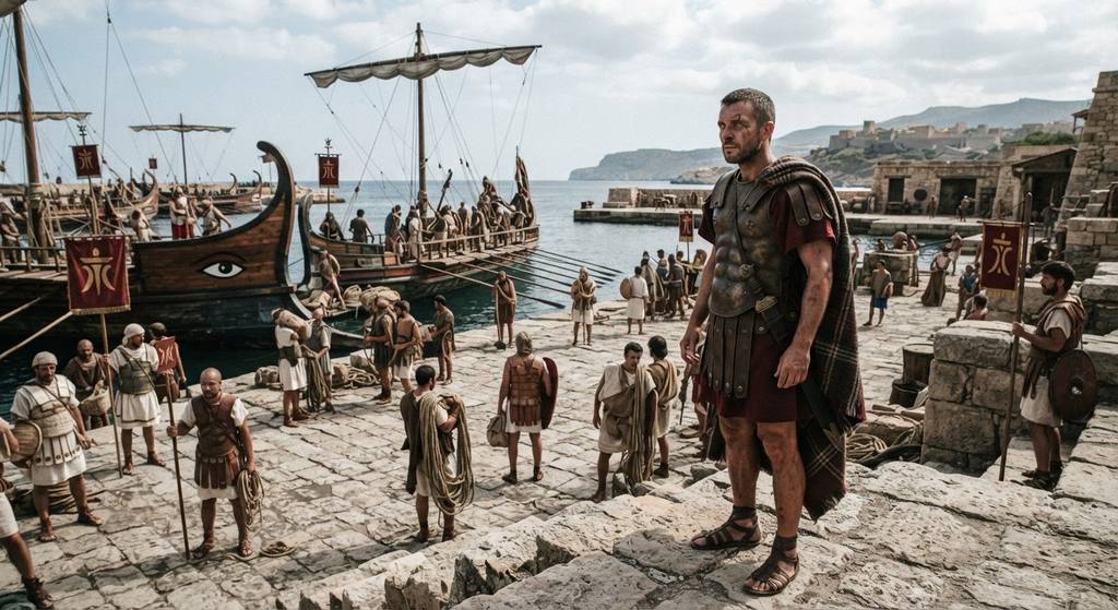 Carthaginian galleys sail across the Mediterranean toward the Iberian coast under a clear blue sky.