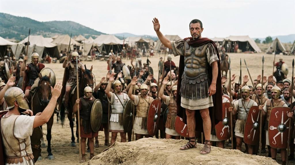 Hannibal stands before his assembled infantry and cavalry as they salute him in a wide field.