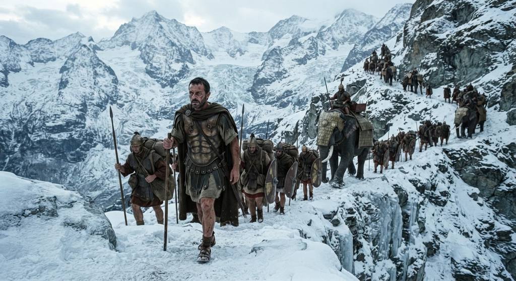 Soldiers and war elephants traverse a narrow, snow-covered path along a steep Alpine cliff.