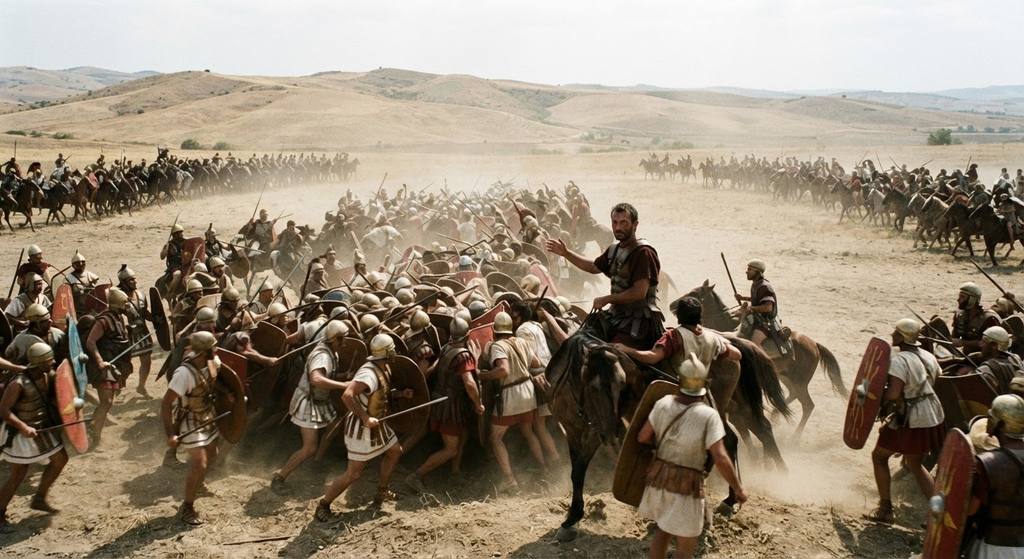 Carthaginian troops in a crescent formation surround Roman legions on a dusty, open plain.