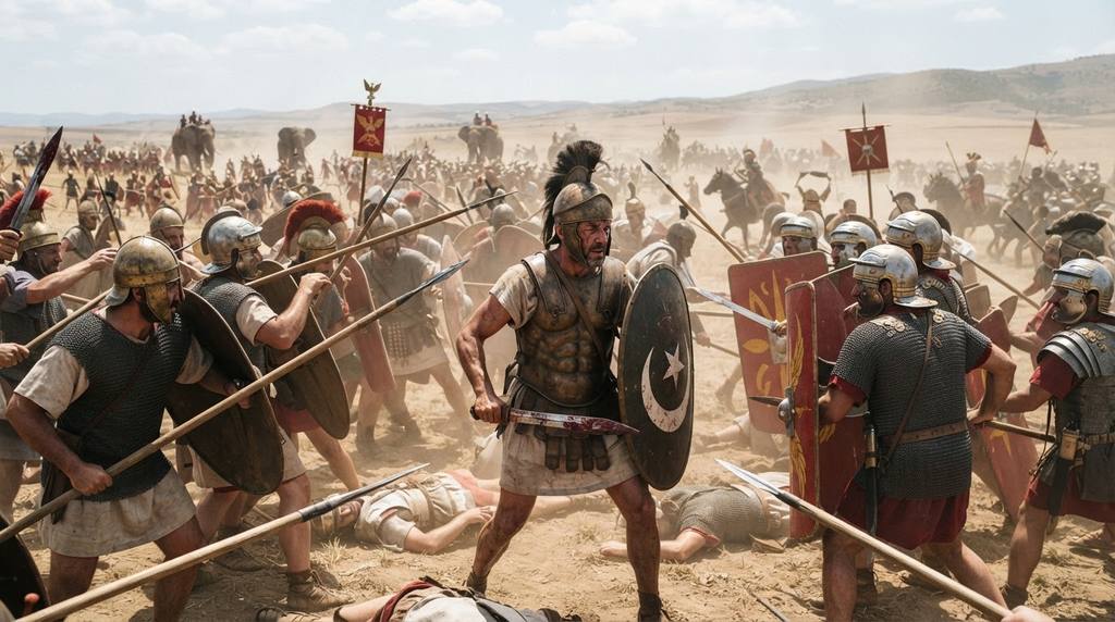 Two ancient armies clash on the sun-drenched plains of North Africa during a large-scale battle.
