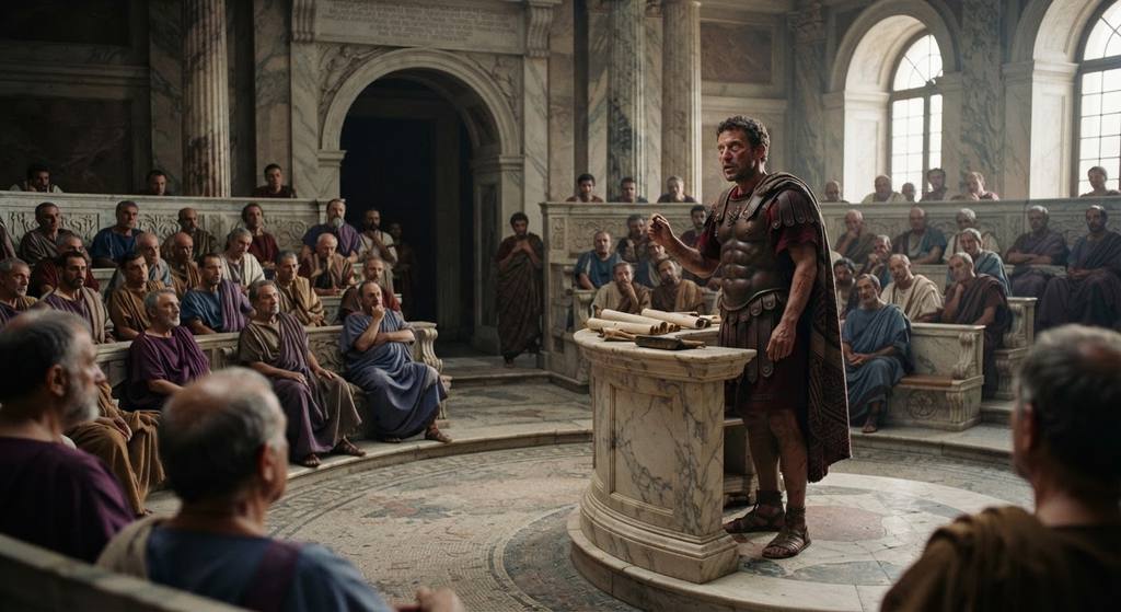 Hannibal speaks from a marble podium to the Carthaginian council in a grand assembly hall.