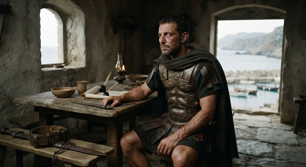 Hannibal sits alone in a quiet stone chamber with a view of the Mediterranean Sea.