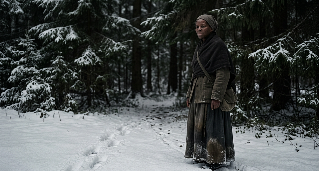 Footprints in deep snow lead across a dark winter landscape into a dense forest.