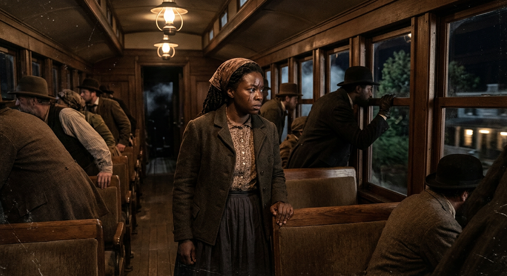 Passengers look out the windows of a nineteenth-century train car into the dark night.