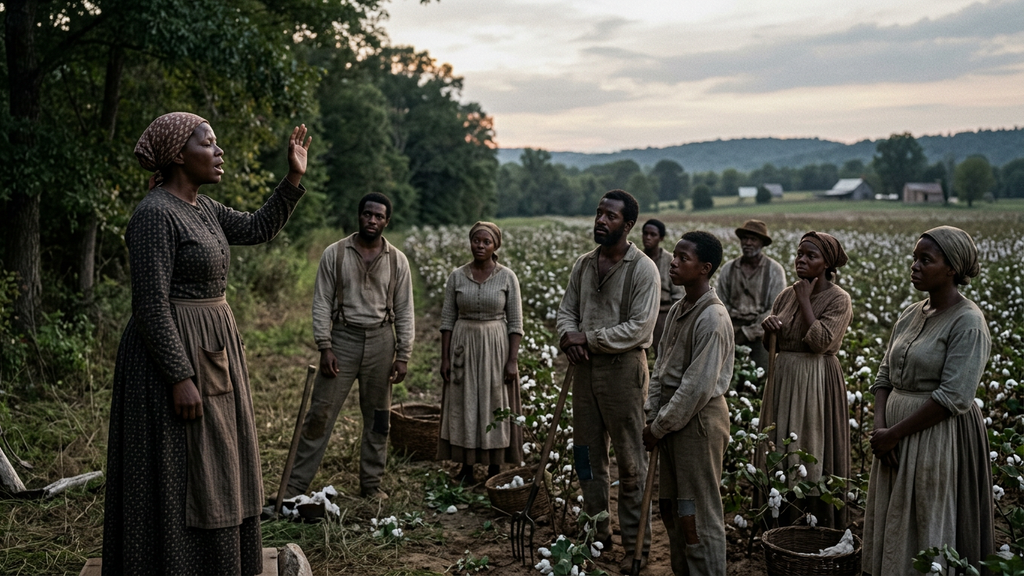 Field workers listen as Harriet Tubman sings near the tree line at dusk.