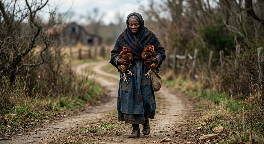 Harriet Tubman walks down a dirt road in a heavy shawl carrying live chickens.
