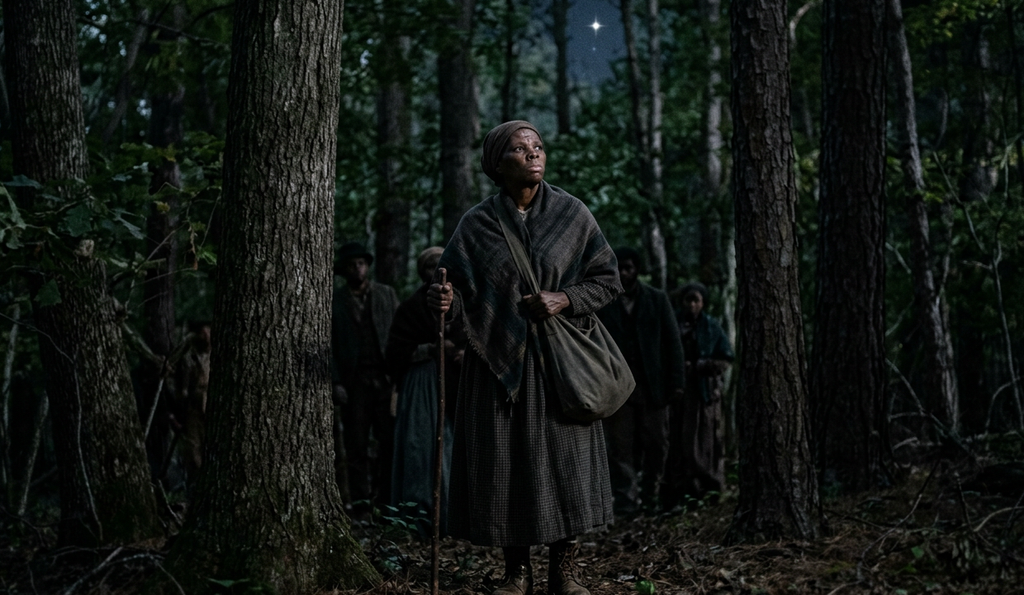 Harriet Tubman navigates a dense forest at night, guided by the bright North Star overhead.