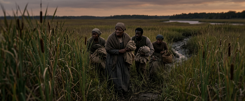 Harriet Tubman leads a small group stealthily through tall marsh grass at dusk.