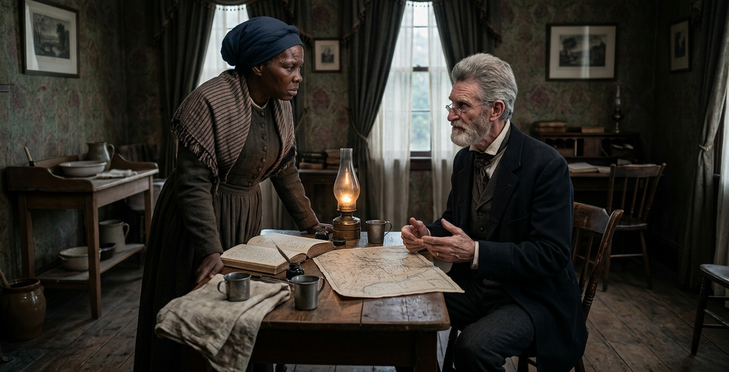Harriet Tubman speaks intently with John Brown inside a dimly lit parlor.