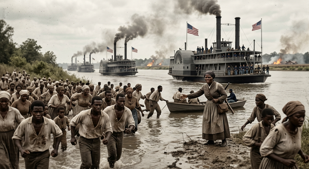 Union steamboats move along a river as crowds run toward the water's edge to board.