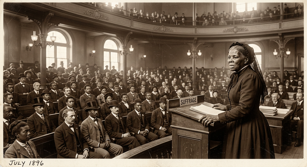 Harriet Tubman speaks to a crowded auditorium from behind a wooden podium.