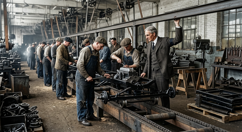 Henry Ford observes factory laborers assembling an automobile chassis along an assembly belt.