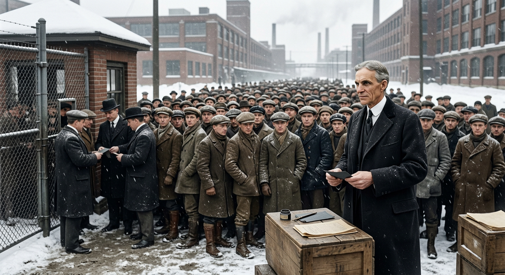 Henry Ford stands outside the Highland Park plant near job seekers gathered in the snow.