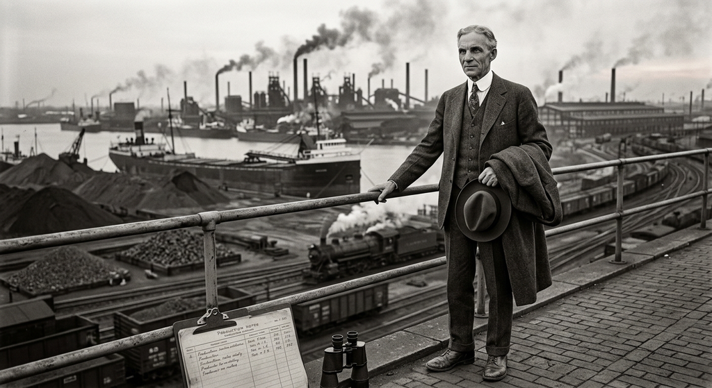 Henry Ford looks out over the expansive River Rouge industrial complex featuring smokestacks and cargo ships.
