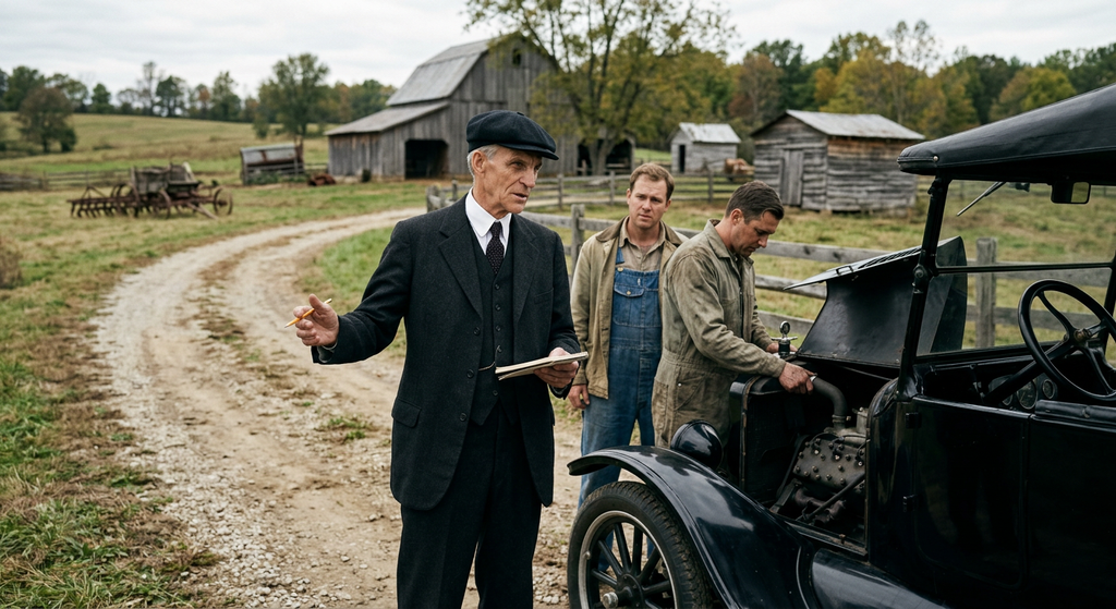 Henry Ford stands beside a black Model T automobile parked on a dirt road near a rural farm.