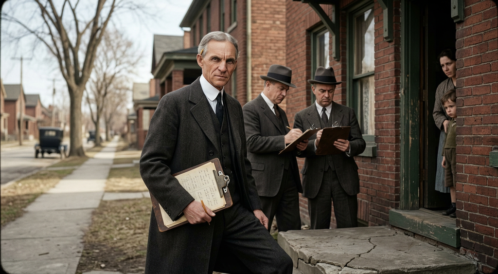 Henry Ford stands with men in suits holding clipboards outside a brick worker house.