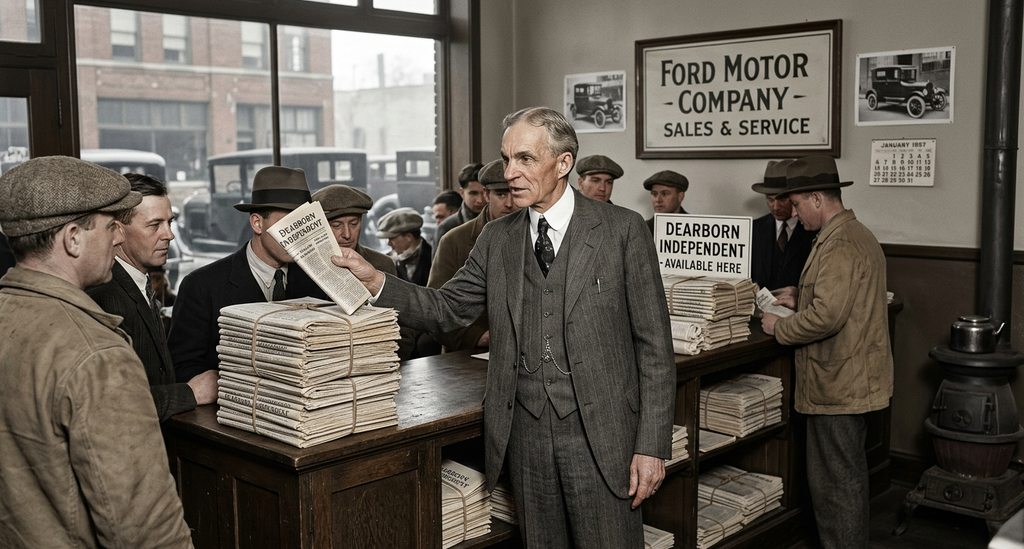 Henry Ford stands near stacks of bundled newspapers inside a 1920s automobile dealership.