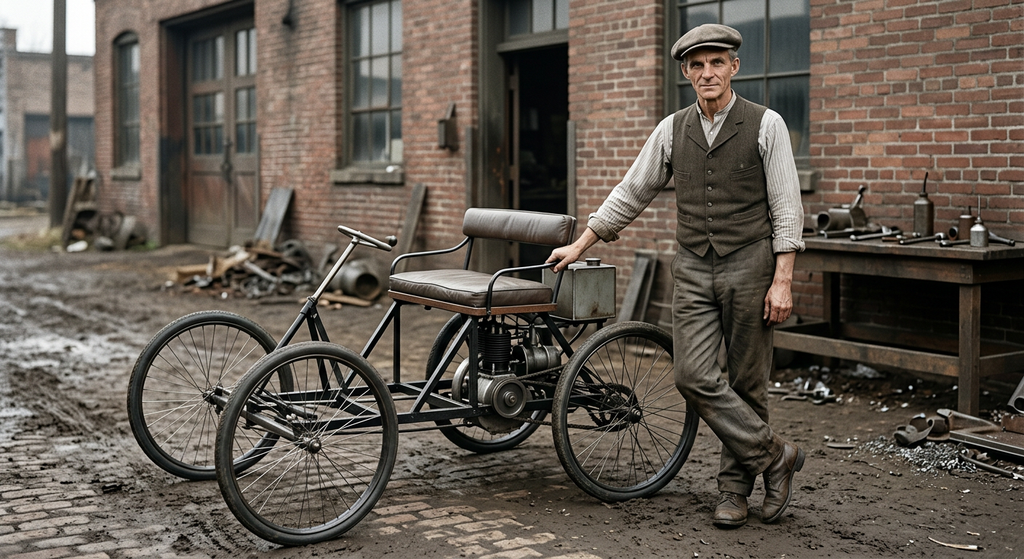 Henry Ford stands beside his early four-wheeled Quadricycle fitted with a small gas engine.