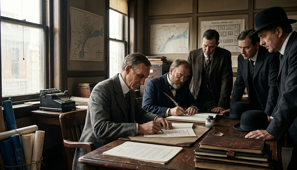Henry Ford stands alongside businessmen signing documents around a wooden desk in a vintage office.