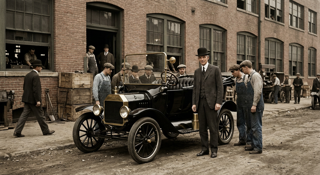 Henry Ford stands next to a shiny black Model T parked outside a brick factory building.
