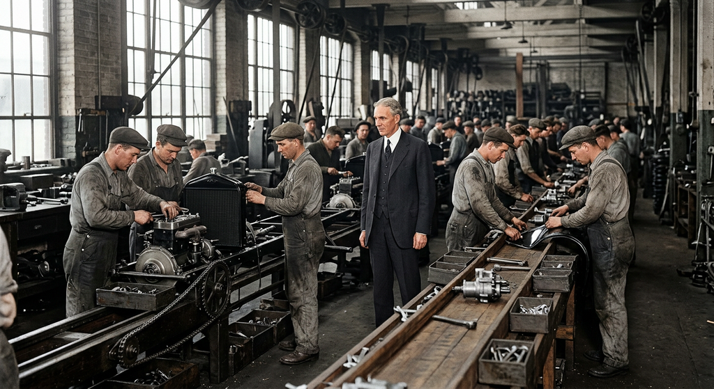 Henry Ford watches workers assemble car components along an active moving conveyor belt in a factory.