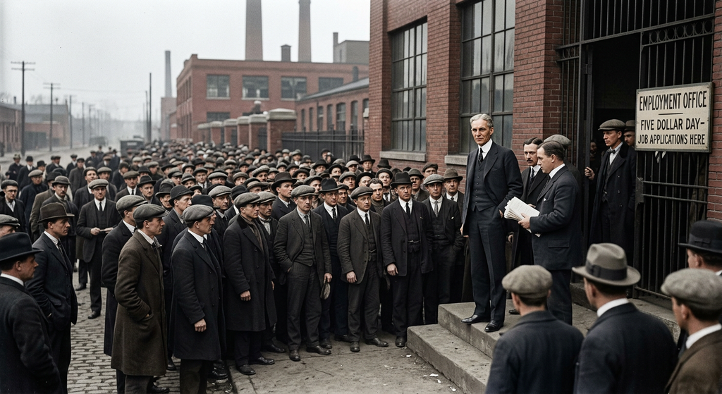 Henry Ford stands near a large crowd of job applicants gathered outside a brick factory building.