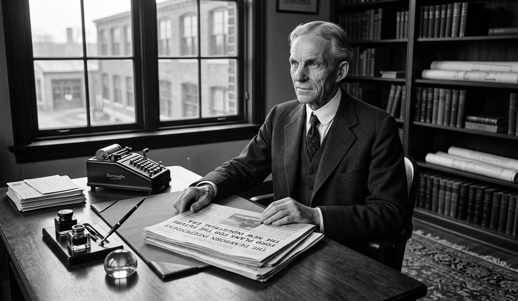 Henry Ford stands beside a wooden desk stacked with vintage printed newspapers in an office.