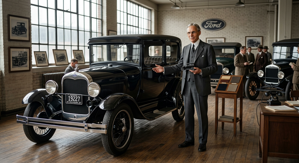 Henry Ford stands next to a polished Model A automobile inside a brightly lit showroom.
