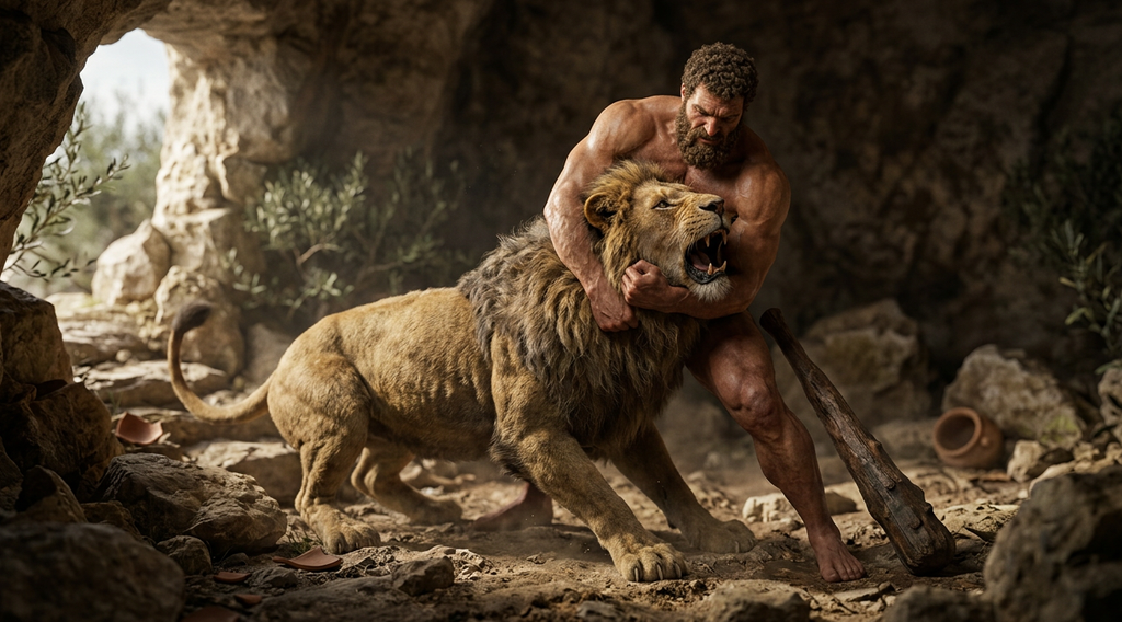 Heracles grapples with the ferocious Nemean Lion on rocky ground.