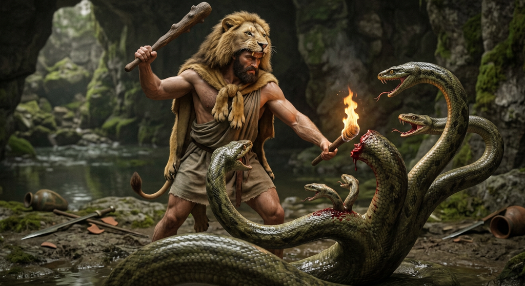 Heracles battles a multi-headed Hydra with a flaming torch in a foggy marsh.