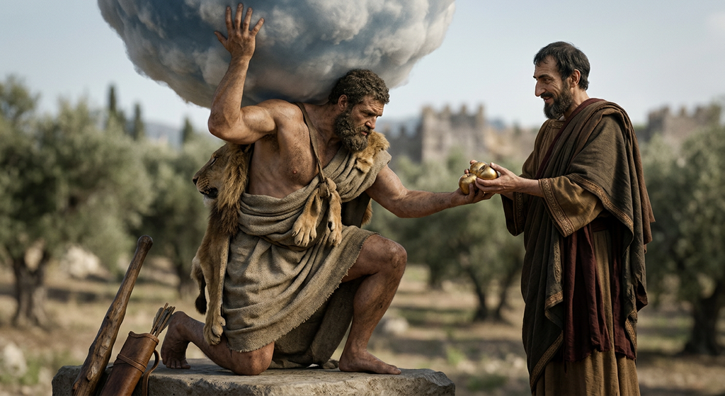 Heracles supports the starry sky on his shoulders while receiving golden apples.