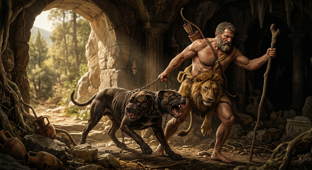 Heracles hauls the three-headed dog Cerberus out from a dark subterranean passage.
