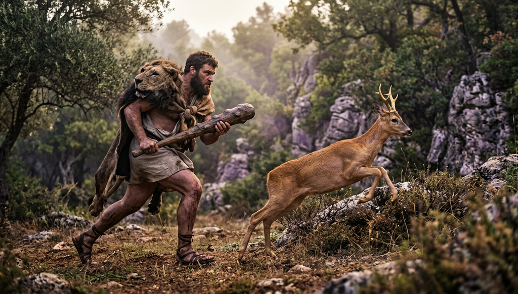 Heracles pursues a deer with golden antlers across a misty forest at dawn.