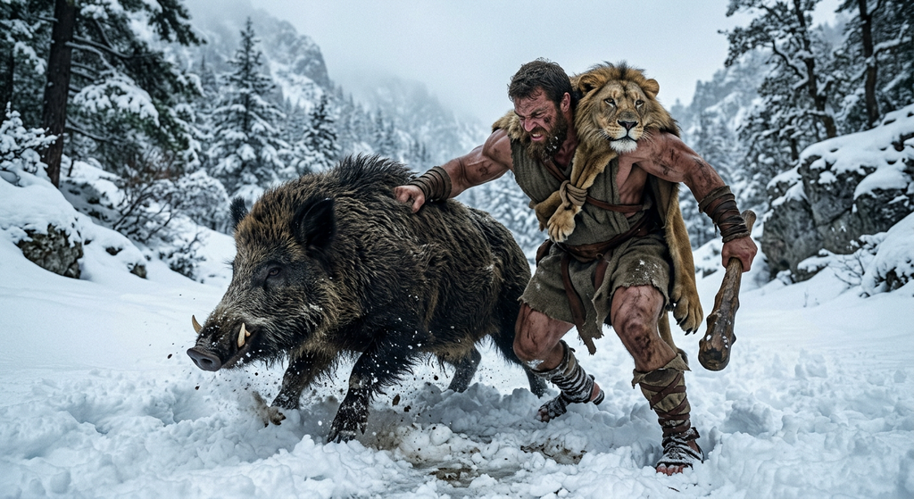 Heracles chases a massive wild boar through deep snow on a mountain slope.