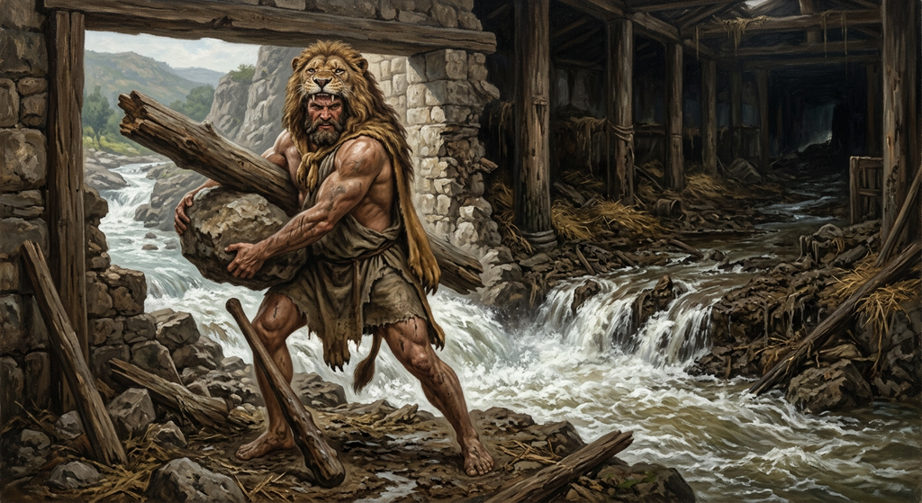 Heracles alters the course of a river so it sweeps clean a long stone stable.