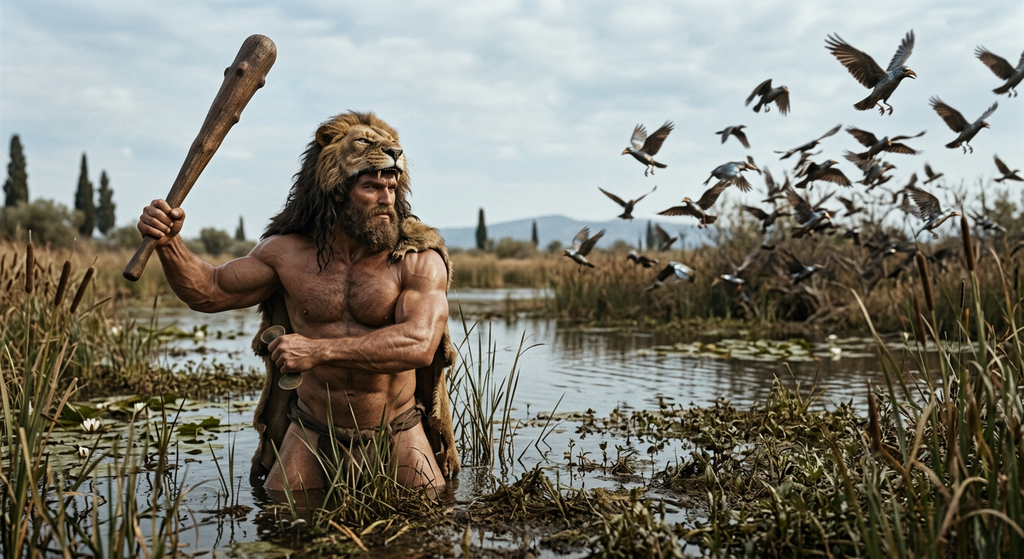 Heracles stands in a marsh as a flock of birds takes flight into the sky.
