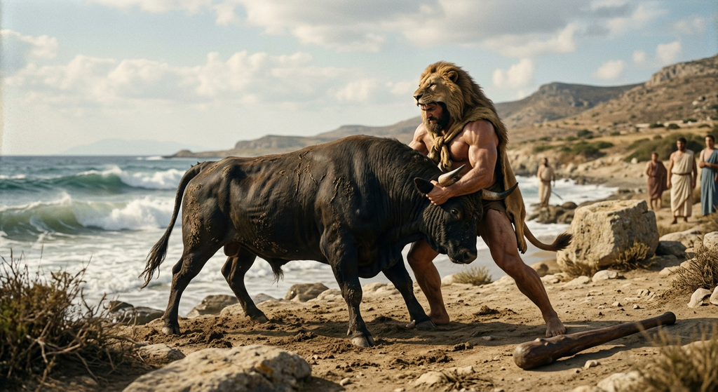 Heracles wrestles a powerful wild bull on a sandy coastal shoreline.
