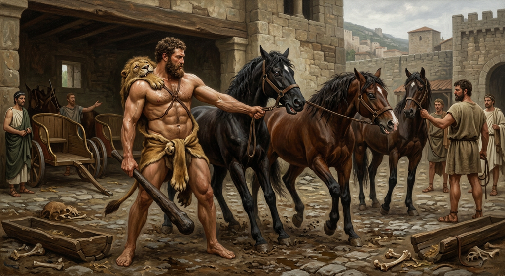 Heracles wrangles wild horses inside a stone courtyard.