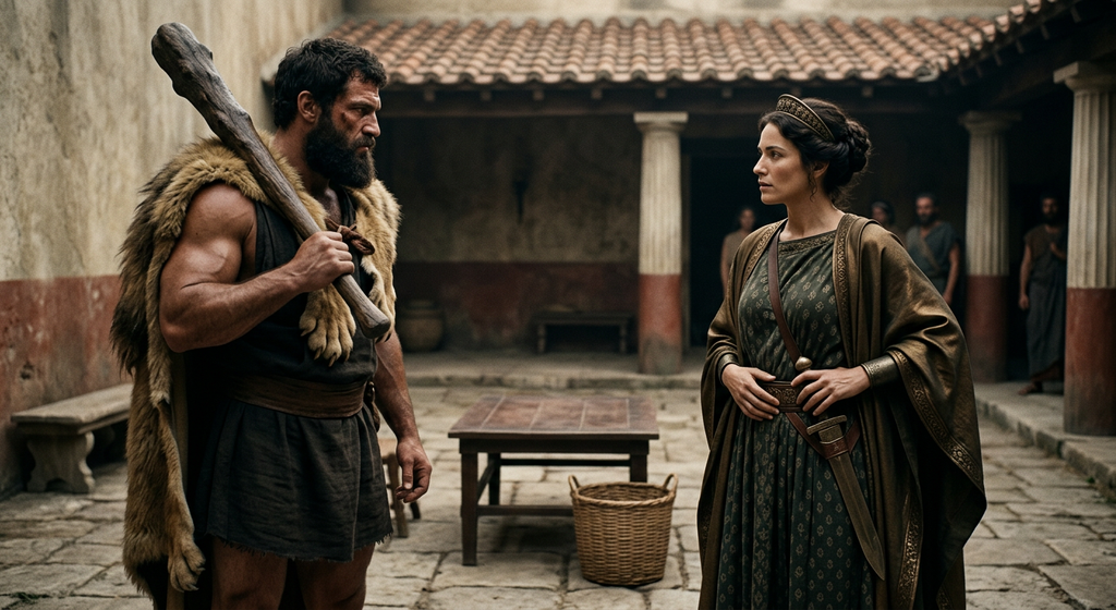 Heracles converses with Amazon queen Hippolyta outdoors.