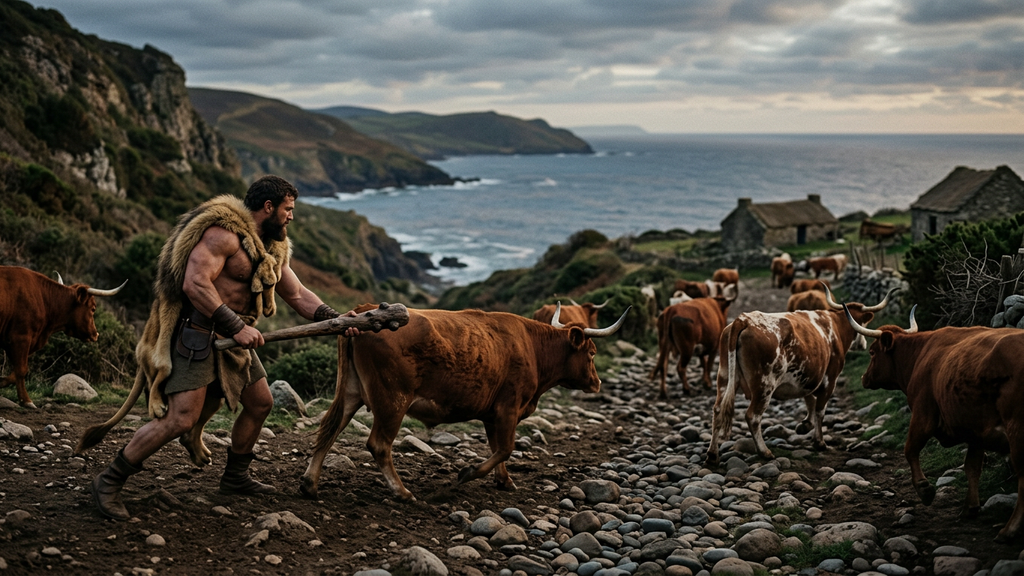 Heracles herds a large group of cattle along a rugged coastline.