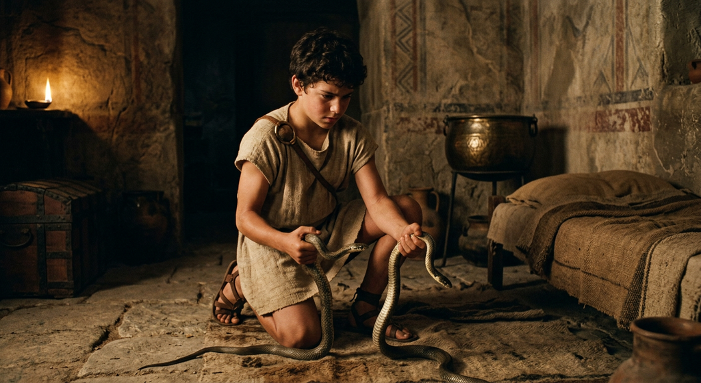 An infant Heracles grips two writhing serpents in a moonlit stone palace chamber.