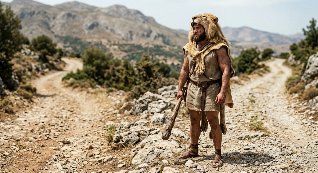 A young Heracles stands at a mountain crossroads contemplating two diverging paths.