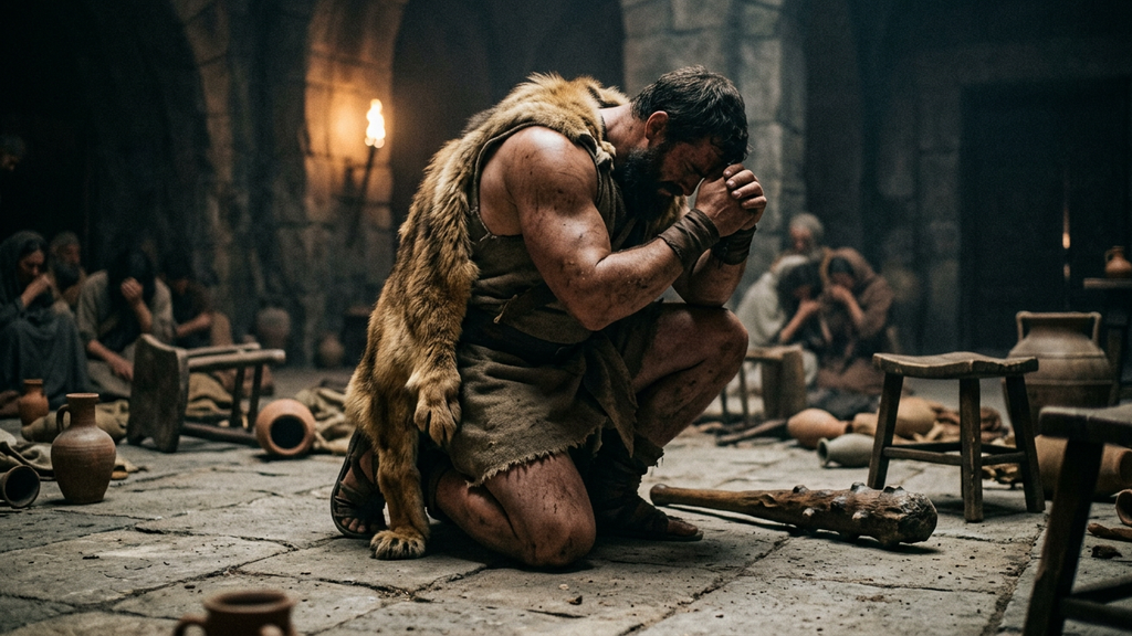 Heracles kneels in deep anguish inside a darkened stone hall.