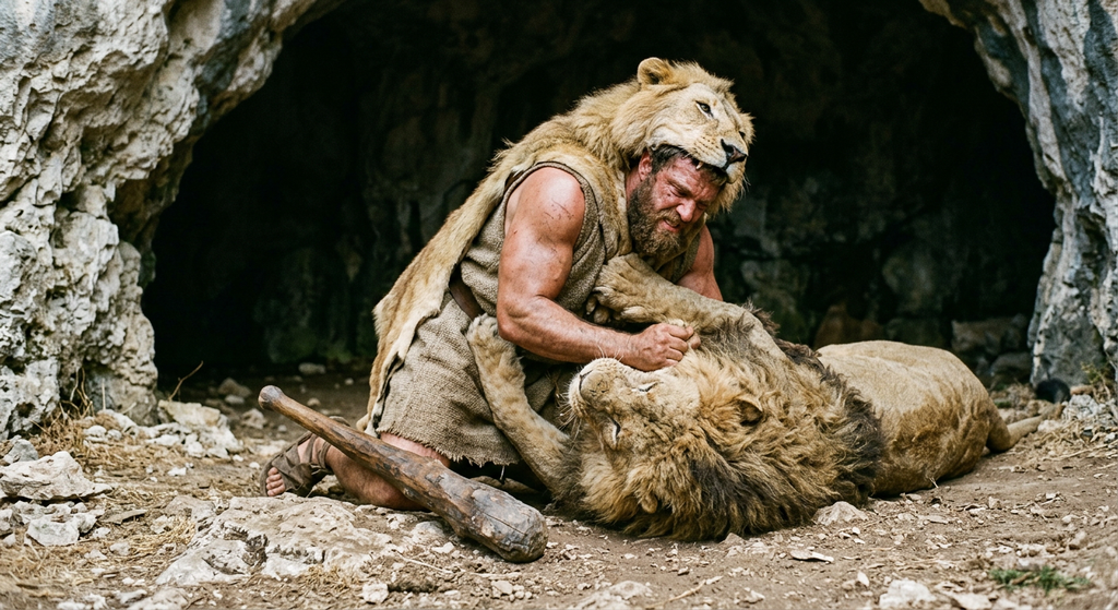 Heracles wrestles a massive lion at the entrance of a dark stone cave.