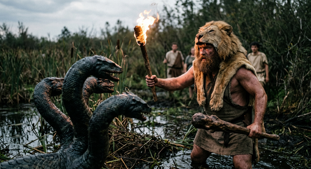 Heracles holds a burning torch while confronting a many-headed serpent in a murky swamp.