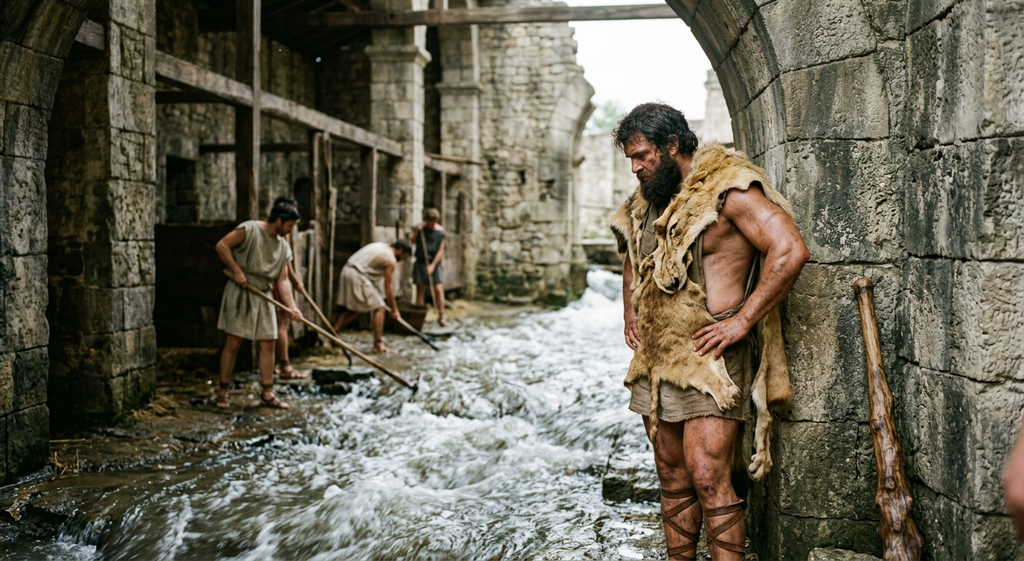 A roaring river flows through large ancient stone stables as Heracles watches.